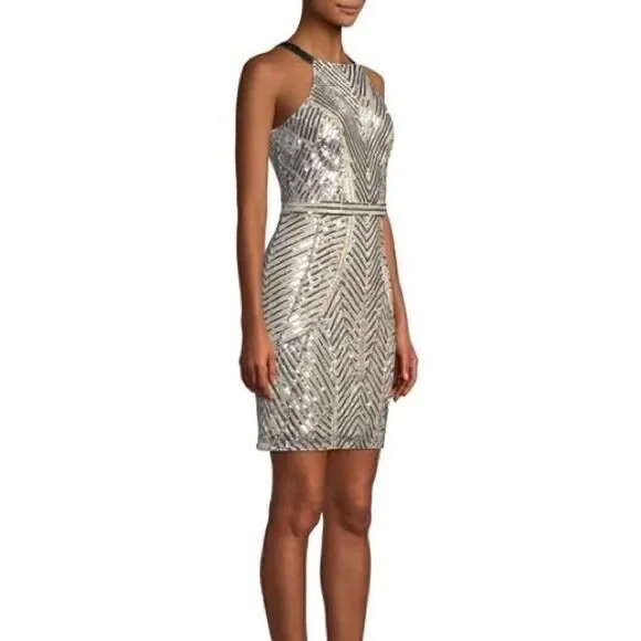 NWT Aidan Mattox Champagne Beaded Cocktail Dress Size Small